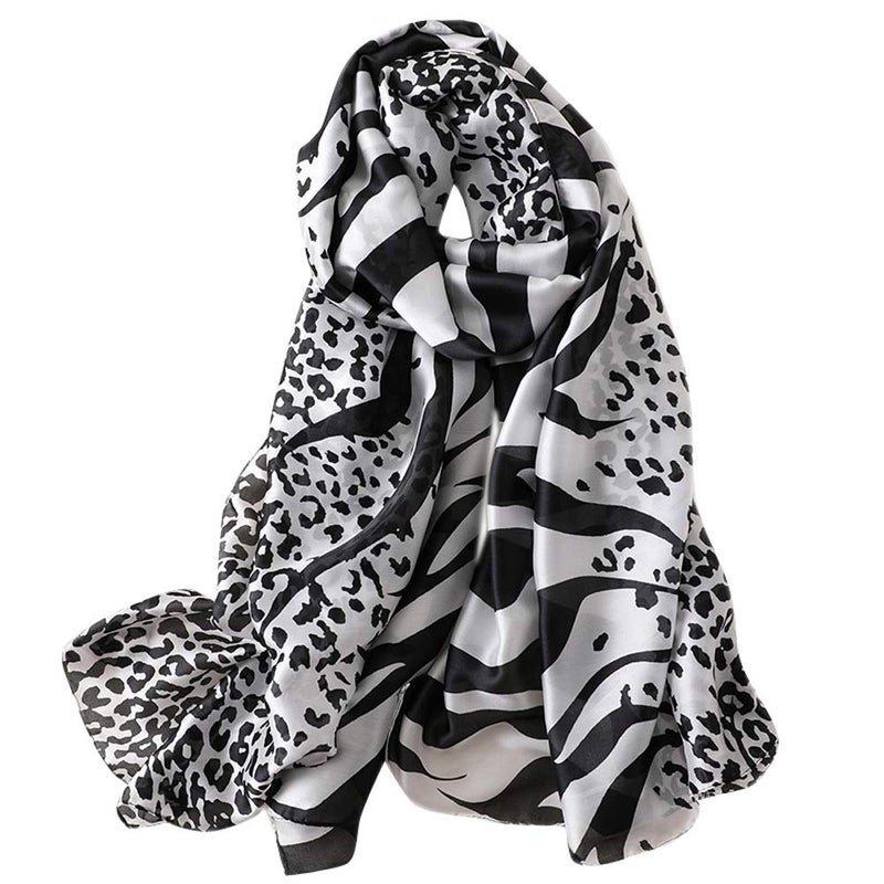 GERINLY Animal Print Shawl Wraps Zebra & Leopard Pattern Silky Scarf for Women Fashion Print Accessory (Black) - Image 1